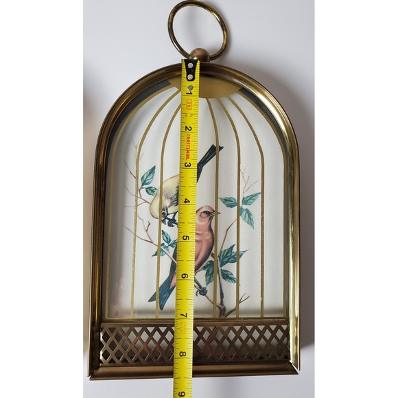 Set of two (2) Vintage Trompe L'oeil Style Framed Birds in Birdcage Brass Decor - Picture 2 of 11
